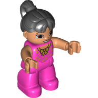 Lego Duplo Figure with Ponytail Black, with Dark Pink Legs and Gold Bow Print / Dark Pink