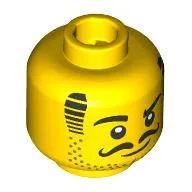 Minifig Head, Johnny Thunder, Black Striped Sideburns, Stubbled Beard, Curly Mustache / Yellow