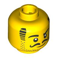 Lego Minifig Head, Johnny Thunder, Black Striped Sideburns, Stubbled Beard, Curly Mustache / Yellow