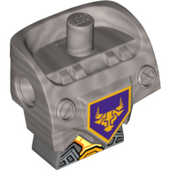 Lego Minifig Torso Modified, Armor with Pin Holes with Orange and Gold Circuitry Pattern #2 and Orange Bull Head on Dark Purple Pentagonal Shield Print / Flat Silver