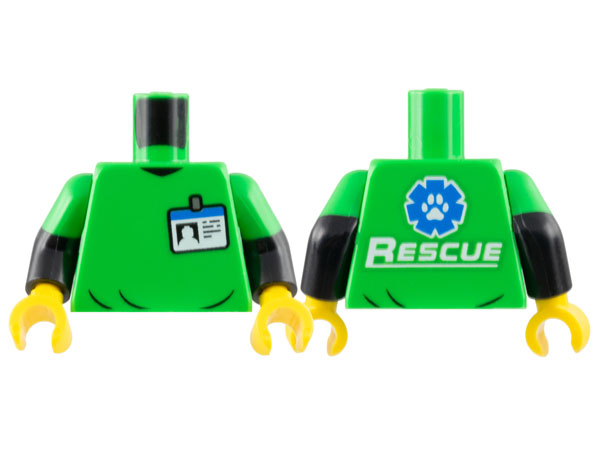 Lego Torso Shirt with Name Badge, White and Blue 'RESCUE' and Paw Print Logo on Back Pattern / Black Arms with Molded Bright Green Short Sleeves Pattern / Yellow Hands