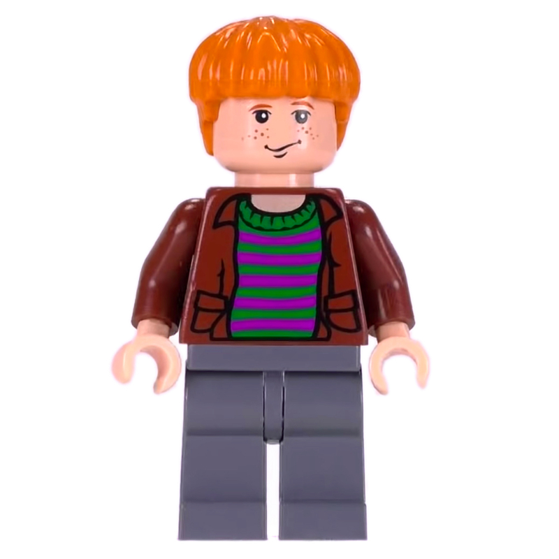 Lego Ron Weasley, Open Reddish Brown Jacket over Striped Shirt