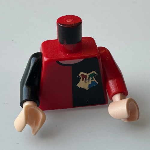 Lego Torso, Odd Arms, Tunic with Black Half, Hogwarts Crest / Gold 'Potter' and Star on Back Print, Left Red Arm, Right Black Arm, Light Nougat Hands / Red