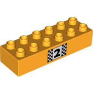 Lego Duplo Brick 2 x 6, with Number 2 and Black and White Checkered Print / Bright Light Orange