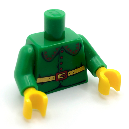 Lego Torso Jacket with Large Rounded Collar, 4 Red Buttons and Gold Belt with Red Buckle Print (Elf), Green Arms, Yellow Hands / Green