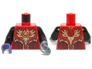 Lego Torso Vest with Dark Red and Gold Armor with Scales and Orange Round Jewel (Fire Chi) Pattern / Black Arms / Dark Purple Hand Right / Flat Silver Hook Left