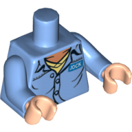 Lego Torso Open Collar, Name Badge 'JOCK' and 'AIR PIRATES' on Reverse Print, Medium Blue Arms, Light Nougat Hands / Medium Blue