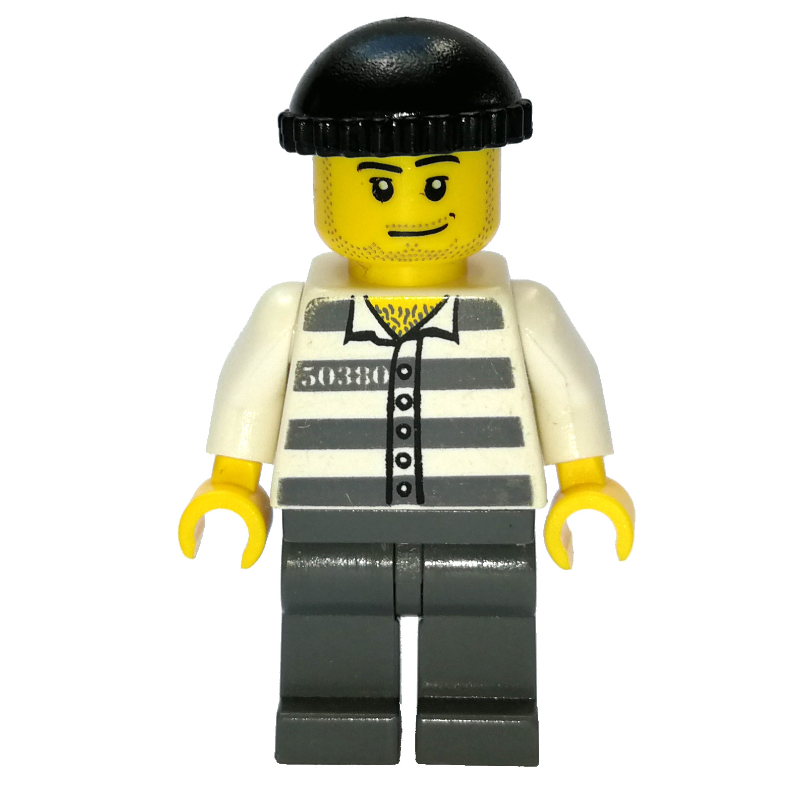 Lego Criminal, Prison Shirt with #50380, Dark Bluish Gray Legs, Black Hat, Stubble