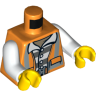 Lego Torso Safety Vest with Reflective Stripes, Open over Dark Bluish Gray and White Striped Prison Shirt / Dynamite in Belt Print, White Arms, Yellow Hands / Orange