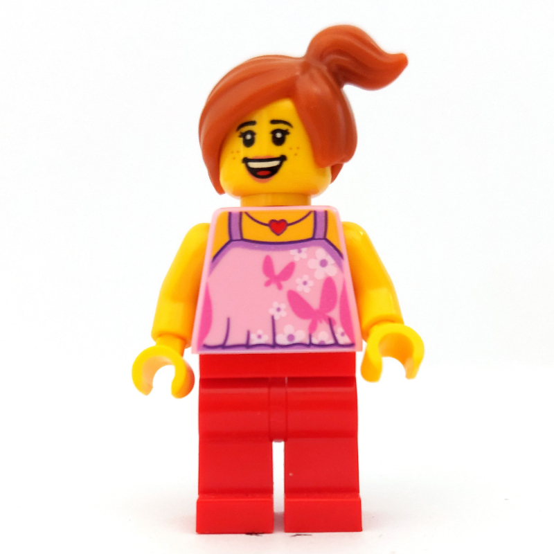 Lego Child with Bright Pink Top with Butterflies and Flowers, Red Legs, Off-center Ponytail