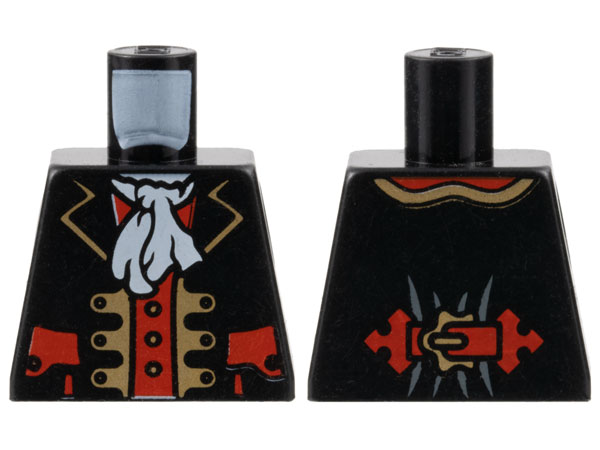 Lego Torso Pirate Captain Jacket Open with Gold Trim and Red Pockets over Red Shirt, White Ascot Pattern