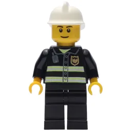 Fireman, Black Fire Jacket with Reflective Stripes, Radio, and Badge, White Helmet