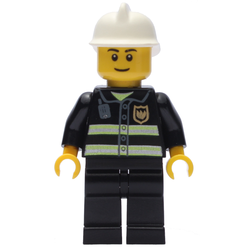 Lego Fireman, Black Fire Jacket with Reflective Stripes, Radio, and Badge, White Helmet