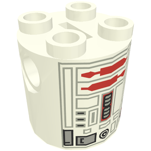 Lego Brick Round 2 x 2 x 2 Robot Body, no Axle Holder with Gray and Red Astromech Droid Print (R5-D4) / White