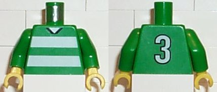 Lego Torso Soccer Uniform Shirt with White Horizontal Stripes, Neck, and Number  3 on Back Pattern / Green Arms / Yellow Hands