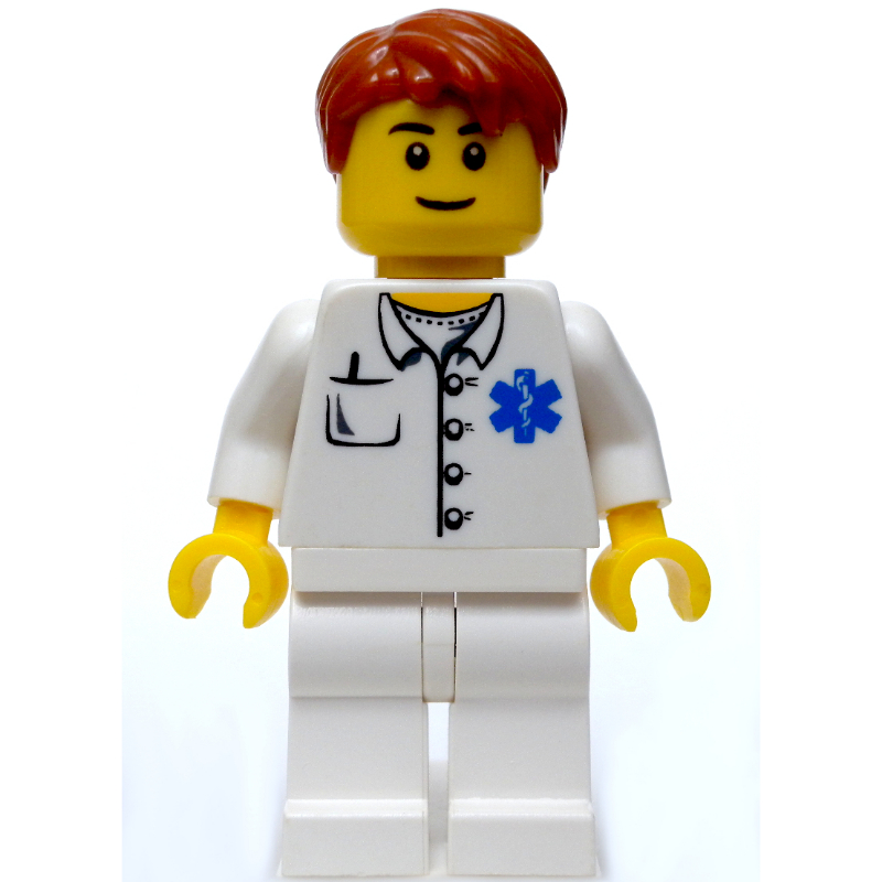 Lego Doctor, White Shirt with Star of Life Logo, Dark Orange Hair, Black Eyebrows