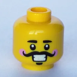Minifig Head Nutcracker, Bright Pink Cheeks, Large Black Mustache and Goatee, Open Mouth Smile / Closed Mouth Smile Print / Yellow