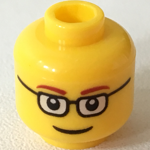 Lego Minifig Head, Glasses Rectangular, Red Thin Eyebrows, Smile Print / Yellow