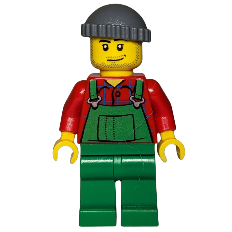 Lego Man, Green Overalls over Red Shirt, Dark Bluish Gray Hat, Stubble