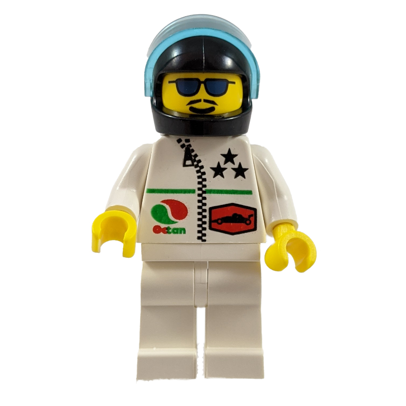 Lego Racer, White Jacket with Zipper and Octan Logo, Black Helmet with Visor, Blue Sunglasses and Moustache