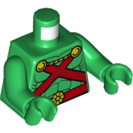 Lego Torso Muscles Outline with Red Straps and Belt, Yellow Clasps and Cord Print, Green Arms and Hands / Green
