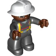 Lego Duplo Figure with Fireman Helmet White, and Dark Brown Face and Hands / Black
