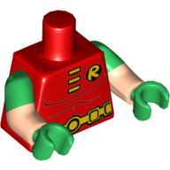 Lego Torso, Dual Molded Arms, Muscles, 'R' Symbol, 3 Yellow Clasps, Belt Print, Green Sleeves Pattern, Light Nougat Arms, Green Hands / Red