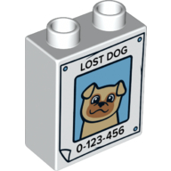 Lego Duplo Brick 1 x 2 x 2 with Bottom Tube, Poster with Dog and 'LOST DOG 0-123-456' Print / White