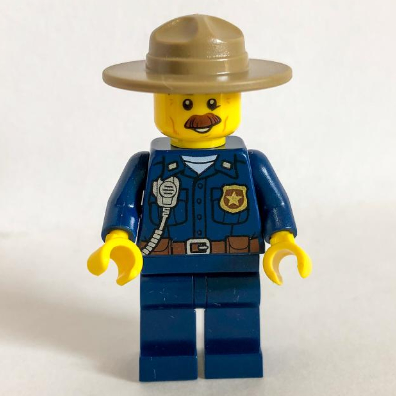 Lego Mountain Police Chief, Dark Blue Shirt with Radio and Badge, Campaign Hat, Moustache