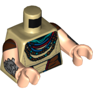 Lego Torso Tunic, Reddish Brown Belt, Red, Green, and Reddish Brown Bead Necklaces Print, Light Nougat Arms and Hands with Reddish Brown Sleeves and Dark Bluish Gray Bracelets Print / Tan