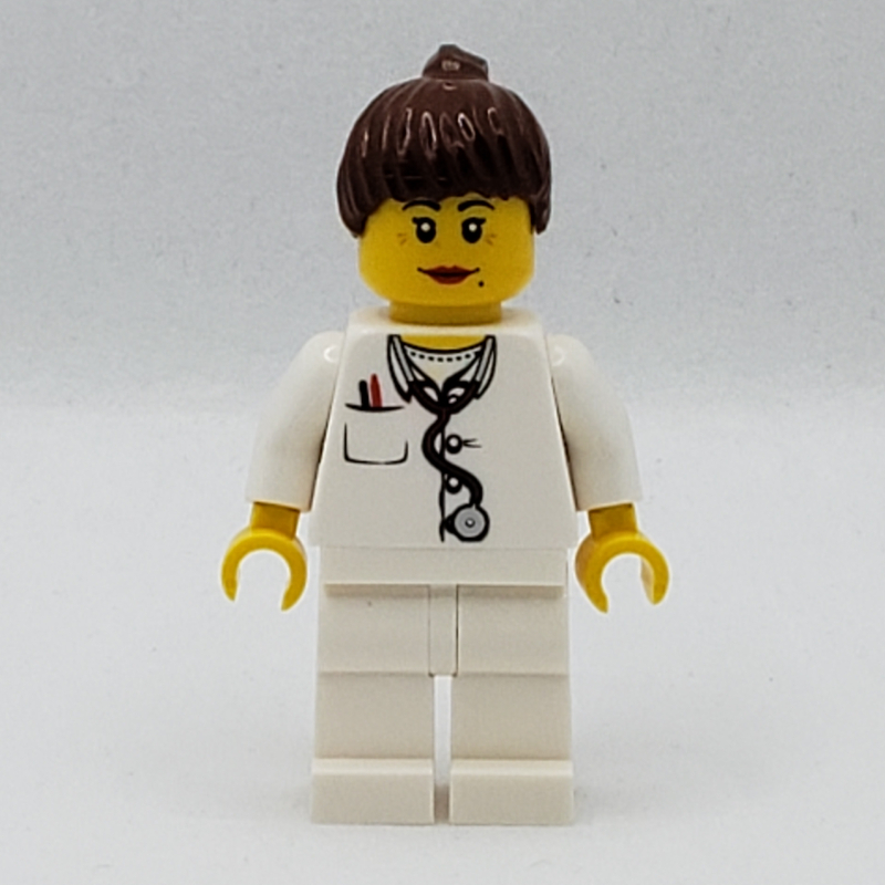 Lego Doctor, Woman, White Torso with Stethoscope and Pocket, White Legs, Dark Brown Ponytail