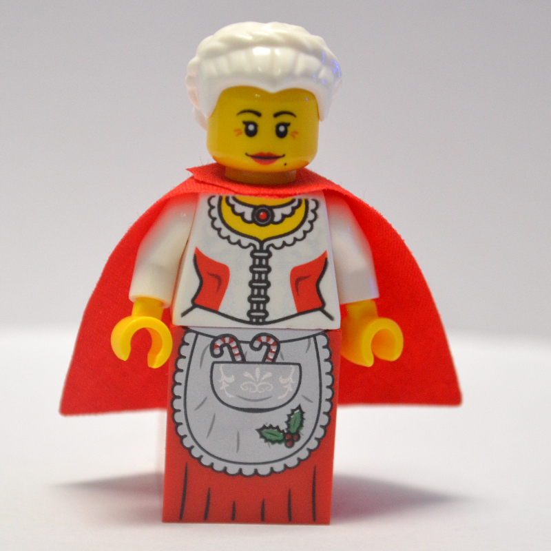 Lego Mrs. Claus, White Corset with Red Sides, Apron with Candy Canes, Red Dress