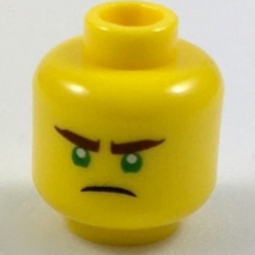 Lego Minifig Head Lloyd, Reddish Brown Eyebrows, Green Eyes, Scowl Print [Hollow Stud] / Yellow