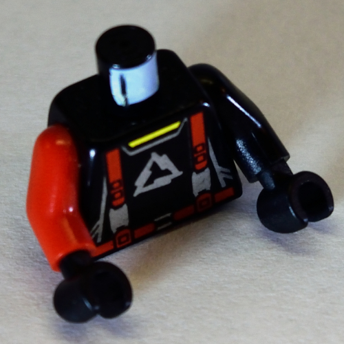Lego Torso, Odd Arms, Jumpsuit with Arctic Logo and Red Straps Print, Left Black Arm, Right Red Arm, Black Hands / Black