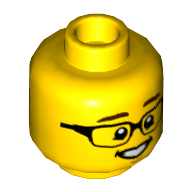 Lego Minifig Head, Dark Brown Eyebrows, Glasses, Open Mouth Smile with Teeth Print / Yellow