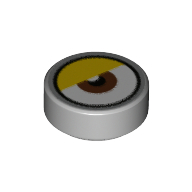 Lego Tile Round 1 x 1 with Reddish Brown Eye Center, Yellow Eyelid, Silver Border (White Dot Close to Eyelid) print / Light Bluish Gray