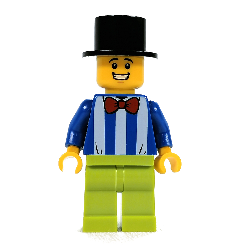 Lego Blue Torso with White Stripes, Lime Legs, Black Top Hat