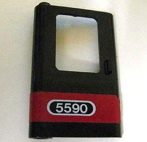 Lego Door 1 x 4 x 5 Train Left, Thin Support at Bottom with Red Stripe and White '5590' Pattern (Sticker) - Set 5590