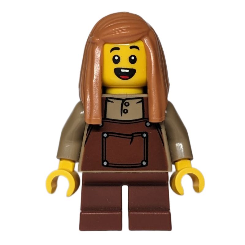 Lego Kid, Dark Tan Torso, Reddish Brown Apron, Medium Nougat Hair