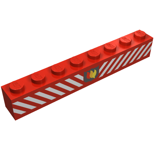 Lego Brick 1 x 8 with Fire Logo Badge and White Diagonal Stripes Print / Red