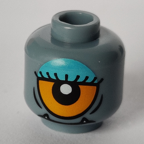 Lego Minifig Head Cyclops, Lower Fangs, Eyelashes, Single Orange Eye Open / Eye Half Closed with Blue Eye Shadow Print / Sand Blue