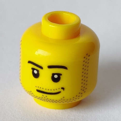 Lego Minifig Head, Smirk, Black Dimple, Stubble Beard and Moustache and Sideburns Print / Yellow