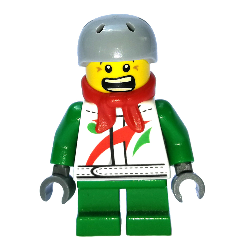 Lego Boy, White and Green Jacket with Octan Logo, Red Scarf, Short Green Legs, Helmet