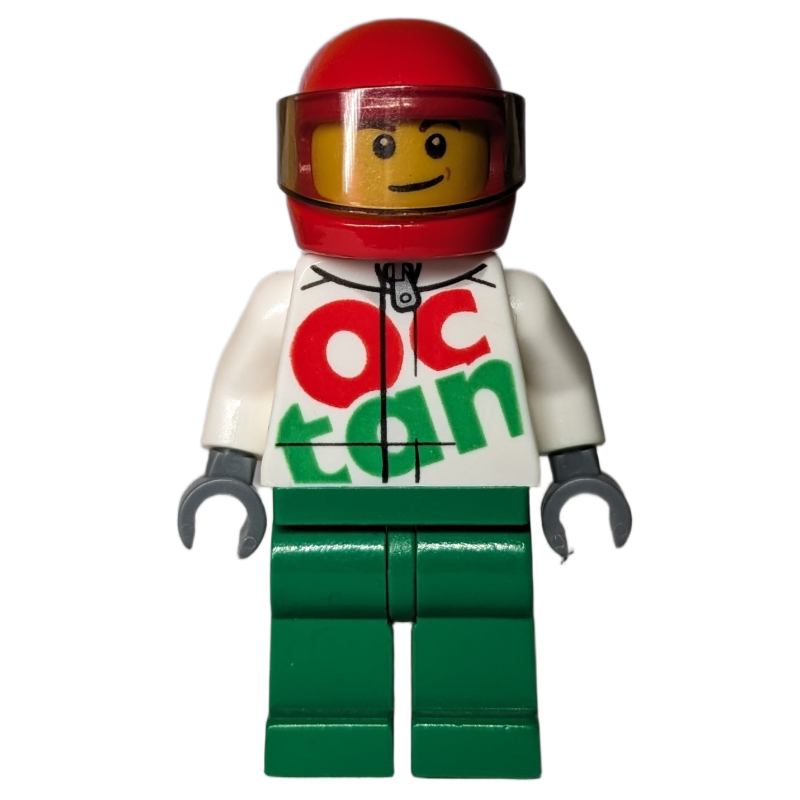 Lego Racer Ray, White and Green Jumpsuit with Large 'Octan', Red Helmet with Visor