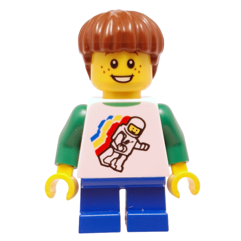 Lego Boy, Floating Classic Spaceman on Shirt, Short Blue Legs, Reddish Brown Hair