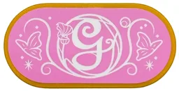 Tile, Round 2 x 4 Oval with White Script Capital Letter G (Glinda), Butterflies, Filigree, Flower and Sparkles on Bright Pink Background Pattern (Sticker) - Set 75682