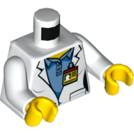 Lego Torso Lab Coat over Medium Blue Shirt, ID Badge / Space Shuttle Logo on Back Print, White Arms, Yellow Hands / White