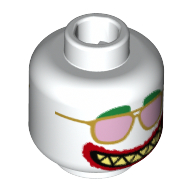 Lego Minifig Head Joker, Green Eyebrows, Gold and Pink Sunglasses, Red Lips Makeup, Sharp Teeth, Wide Clenched Mouth / Wide Open Mouth Print / White