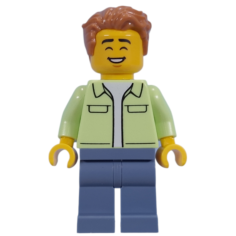 Lego Visitor, Yellowish Green Torso, Sand Blue Legs, Medium Nougat Hair