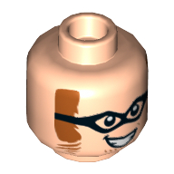 Lego Minifig Head Riddler, Brown Sideburns, Black Eye Mask, Mean Smile, Open Mouth, Teeth Print / Light Nougat